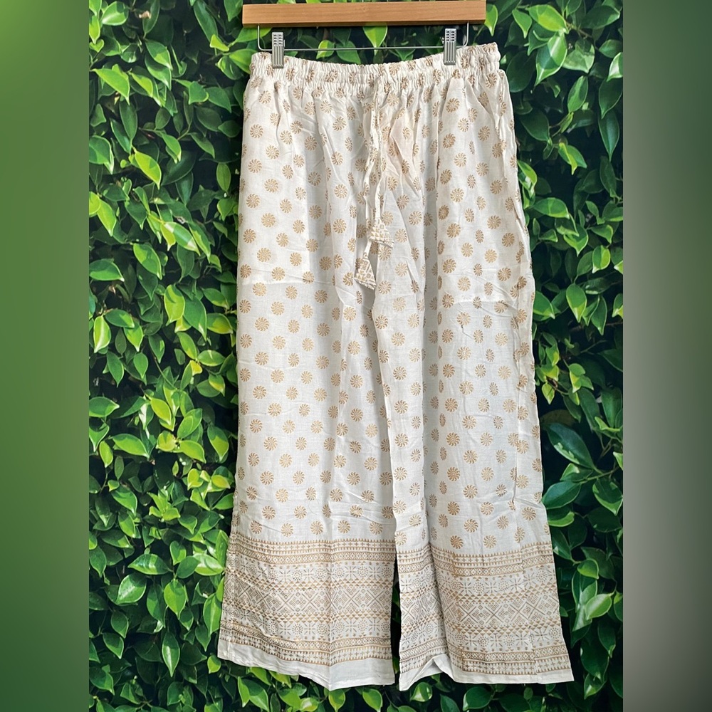 White and Gold Indian Print Relaxed Pants